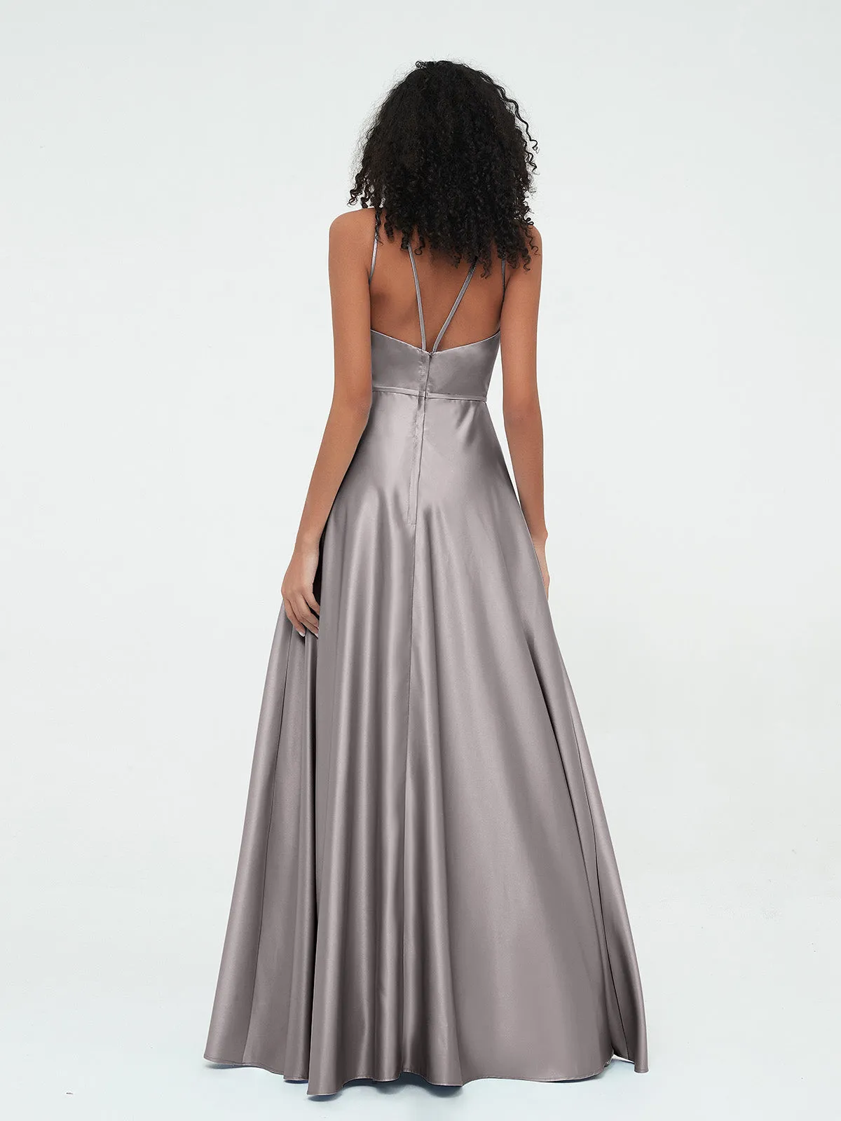 A-ligne Robes Maxi à Licou en Satin avec Poches Argent