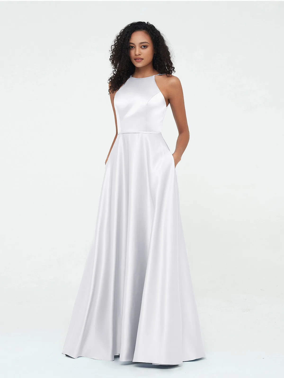 A-ligne Robes Maxi à Licou en Satin avec Poches Blanc