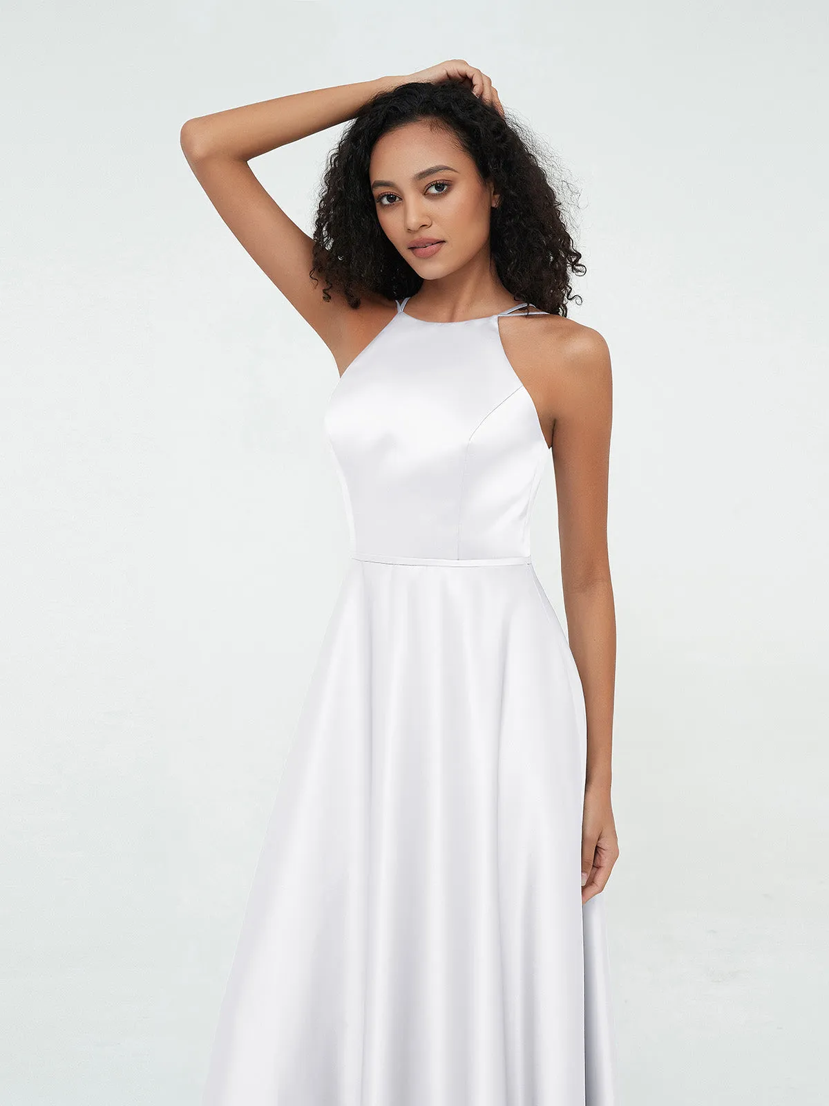 A-ligne Robes Maxi à Licou en Satin avec Poches Blanc