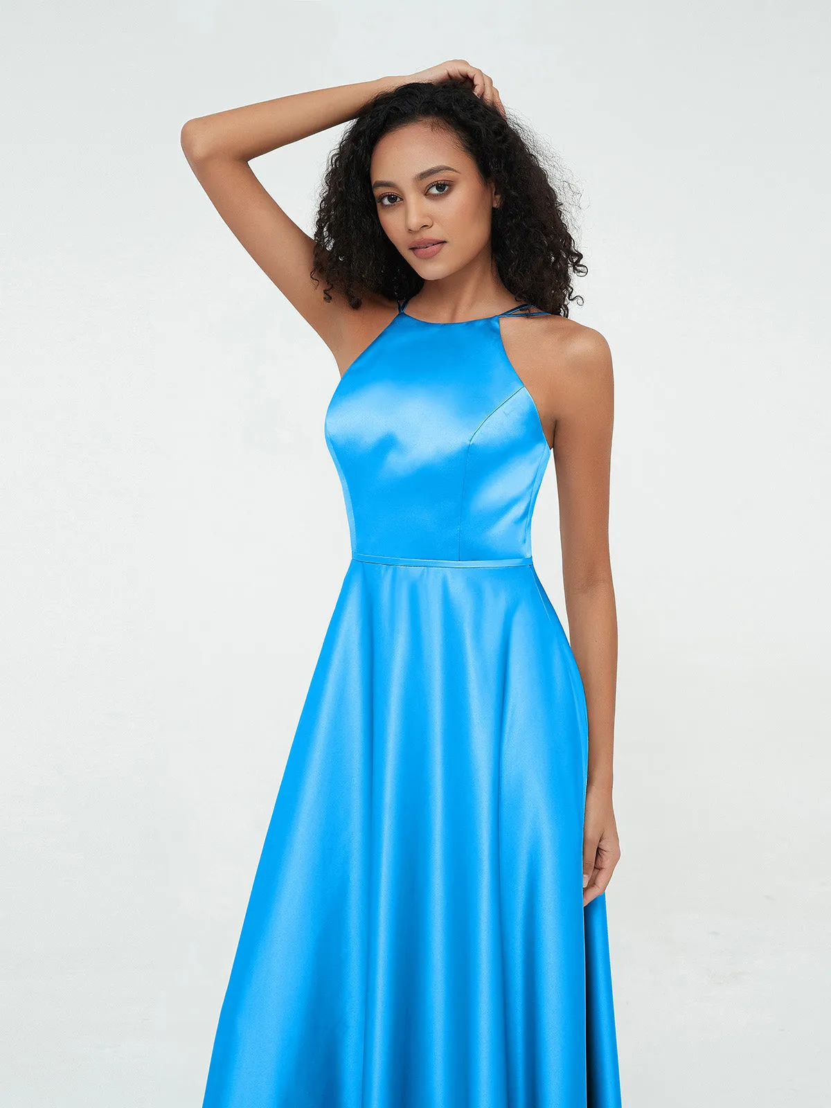 A-ligne Robes Maxi à Licou en Satin avec Poches Bleu Océan Grande Taille