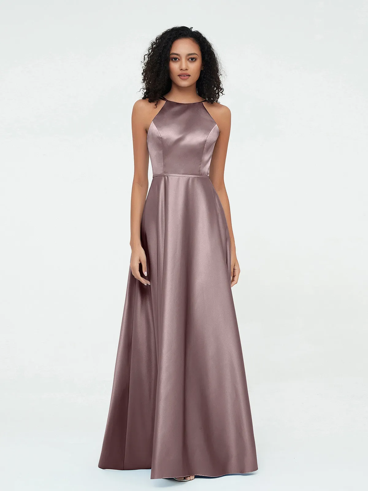 A-ligne Robes Maxi à Licou en Satin avec Poches Vintage Mauve Grande Taille