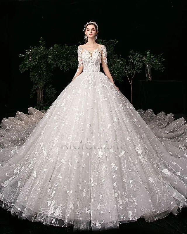 Appliques Dentelle Blanche Princesse Epaule Dénudée Tulle Manche Longue Robes De Mariée Dos Nu Décolleté
