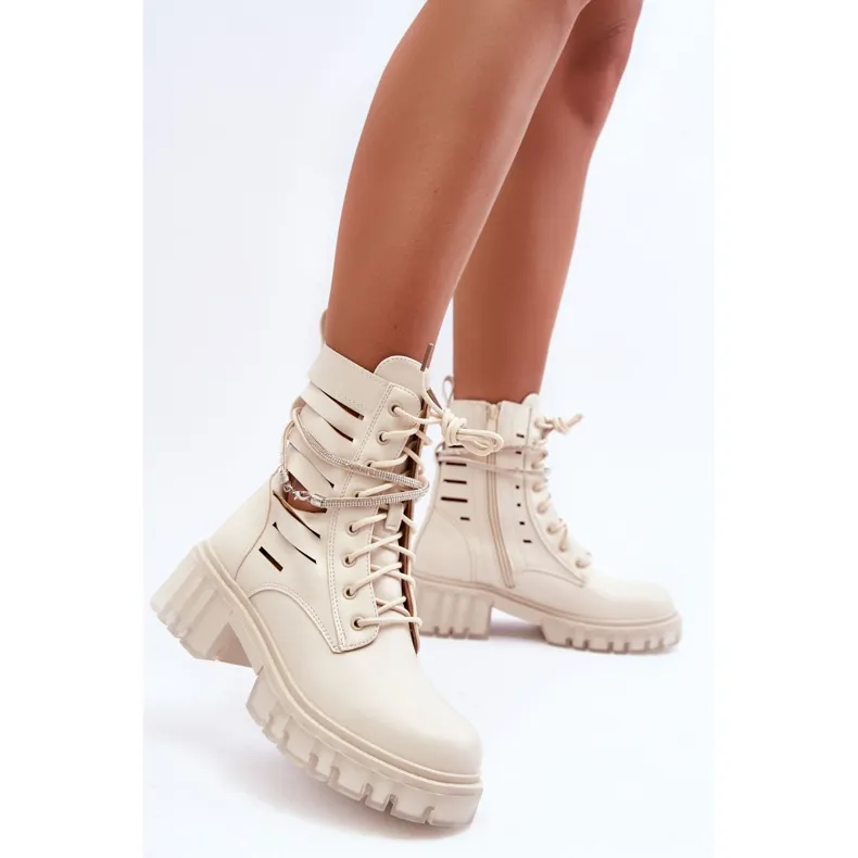 Bottes De Travail À La Mode Avec Une Bande Décorative Beige Rocky