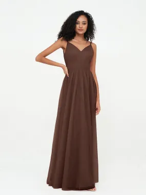 Bretelles Spaghetti Robes Maxi Plissé en Tulle Chocolat