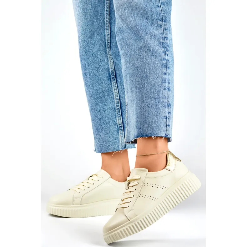 Chaussures de sport beiges pour femmes en cuir naturel, chaussures en cuir pour femmes