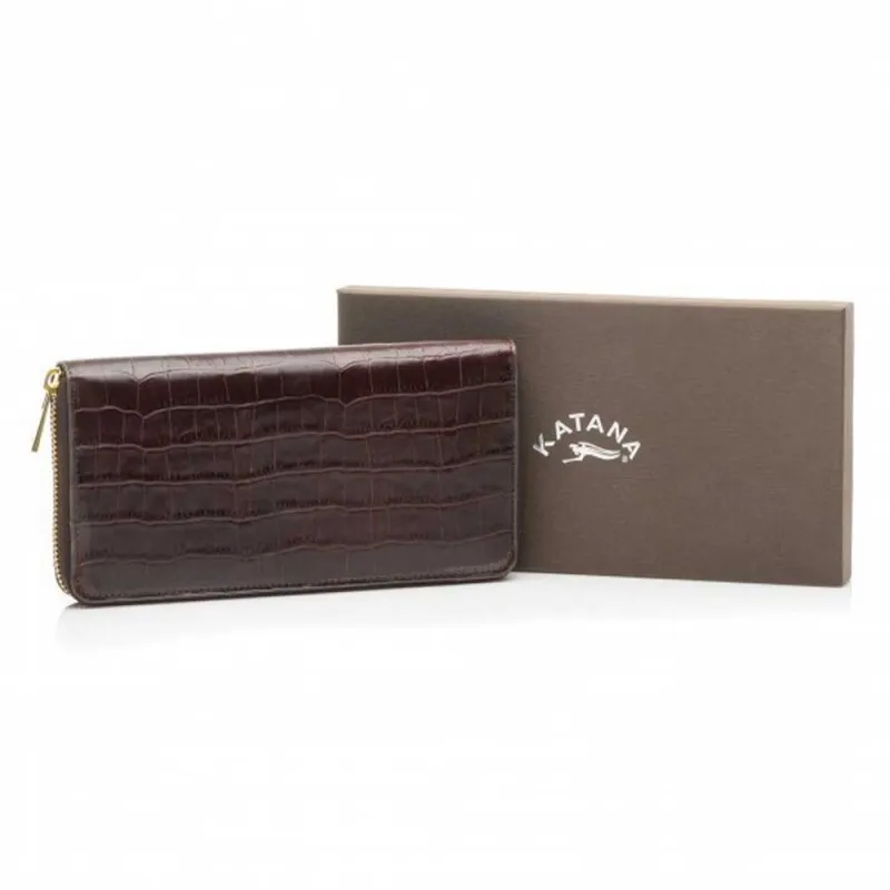 Compagnon en cuir croco KATANA chocolat | Planetebag.com