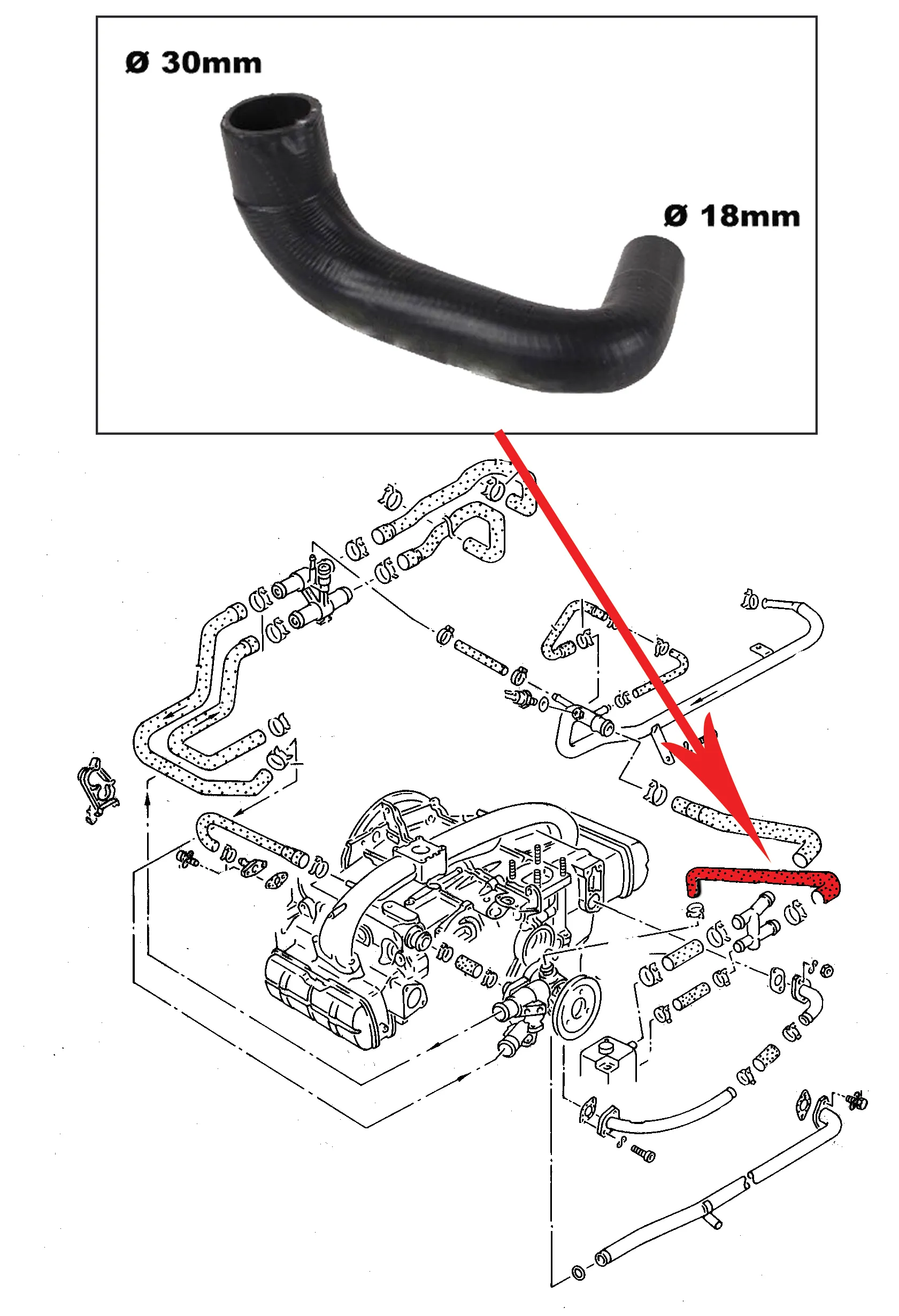 Durite d'eau coudée pour VW Transporter T3 1.9, 18cm, Ø 20mm et 30mm