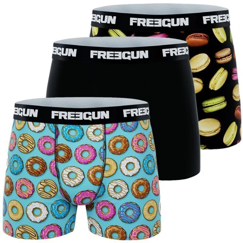 FREEGUN 3 Boxers Homme Microfibre PACKX3L Donuts Macarons Noir