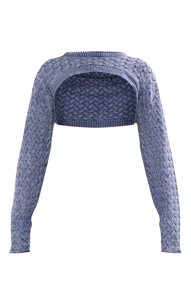 Manches en maille tricot torsadée bleues effet denim