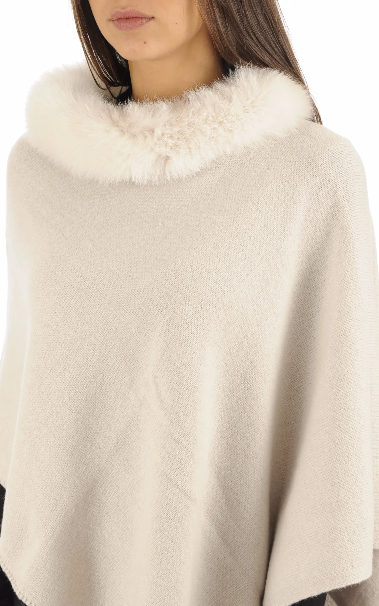 Poncho cachemire et renard blanc cassé Lea Clement - La Canadienne - Gilets / ponchos / capes Textile Blanc Cassé