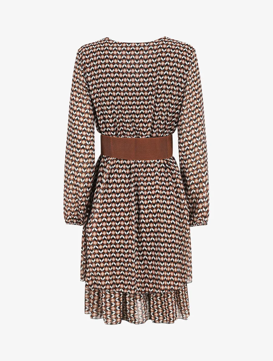 Robe col cache-coeur imprimé mosaïque - Marron