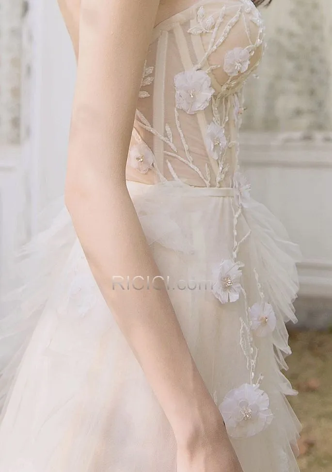 Sexy Plage Tulle Longue Transparente Dos Nu Bustier Princesse Robes De Mariée