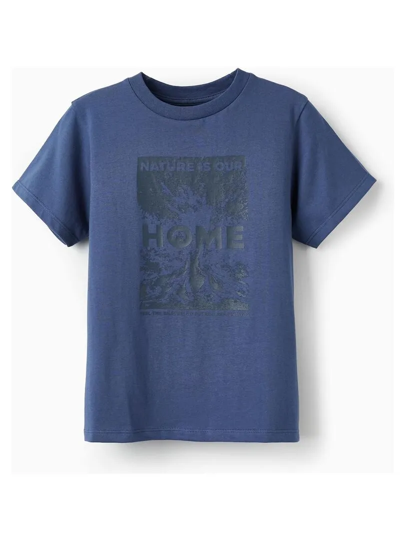 T-shirt en coton pour garçon 'Nature is our Home' manches courtes - Bleu foncé