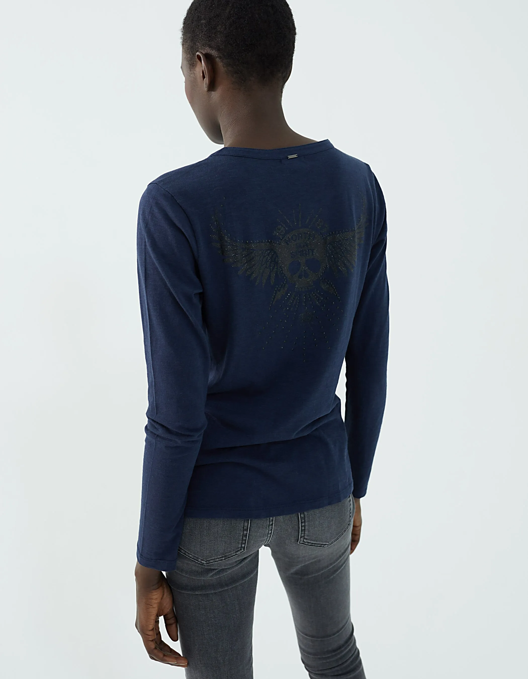 Tee-shirt marine en coton modal tête de mort strass femme