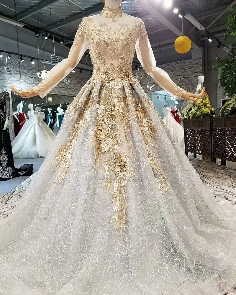 Transparente Perlage Longue Dentelle Col Haut Princesse Robe De Mariée Luxe Manche Longue